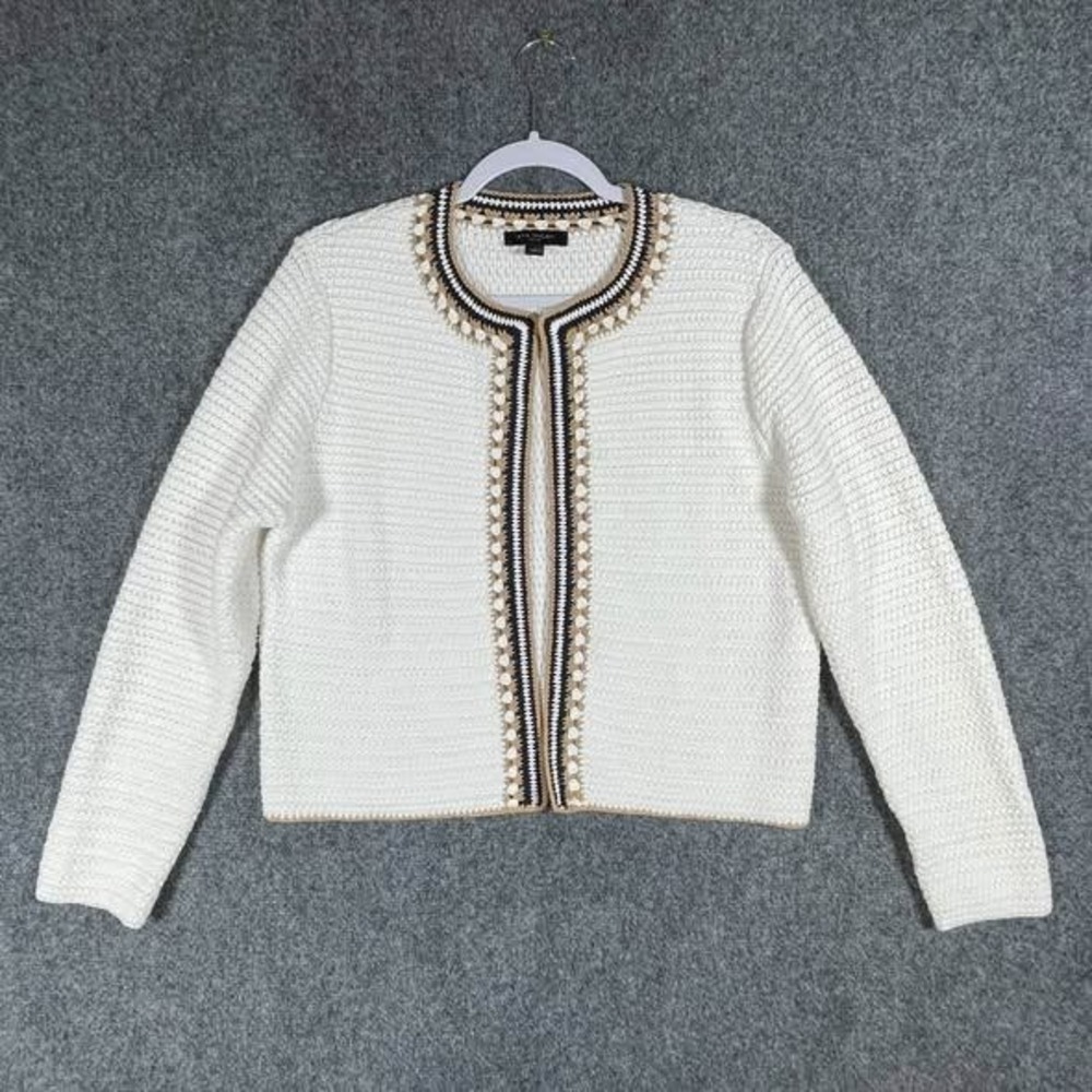 Ann Taylor Textured Knit Open Cardigan Sweater Wms Large Petite White w/Blk Trim